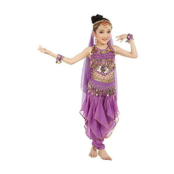 Cielary Kids Girls Belly Dance Halter Top Pants Costume Set Halloween Outfit with Head Veil Waist Chain and Bracelets